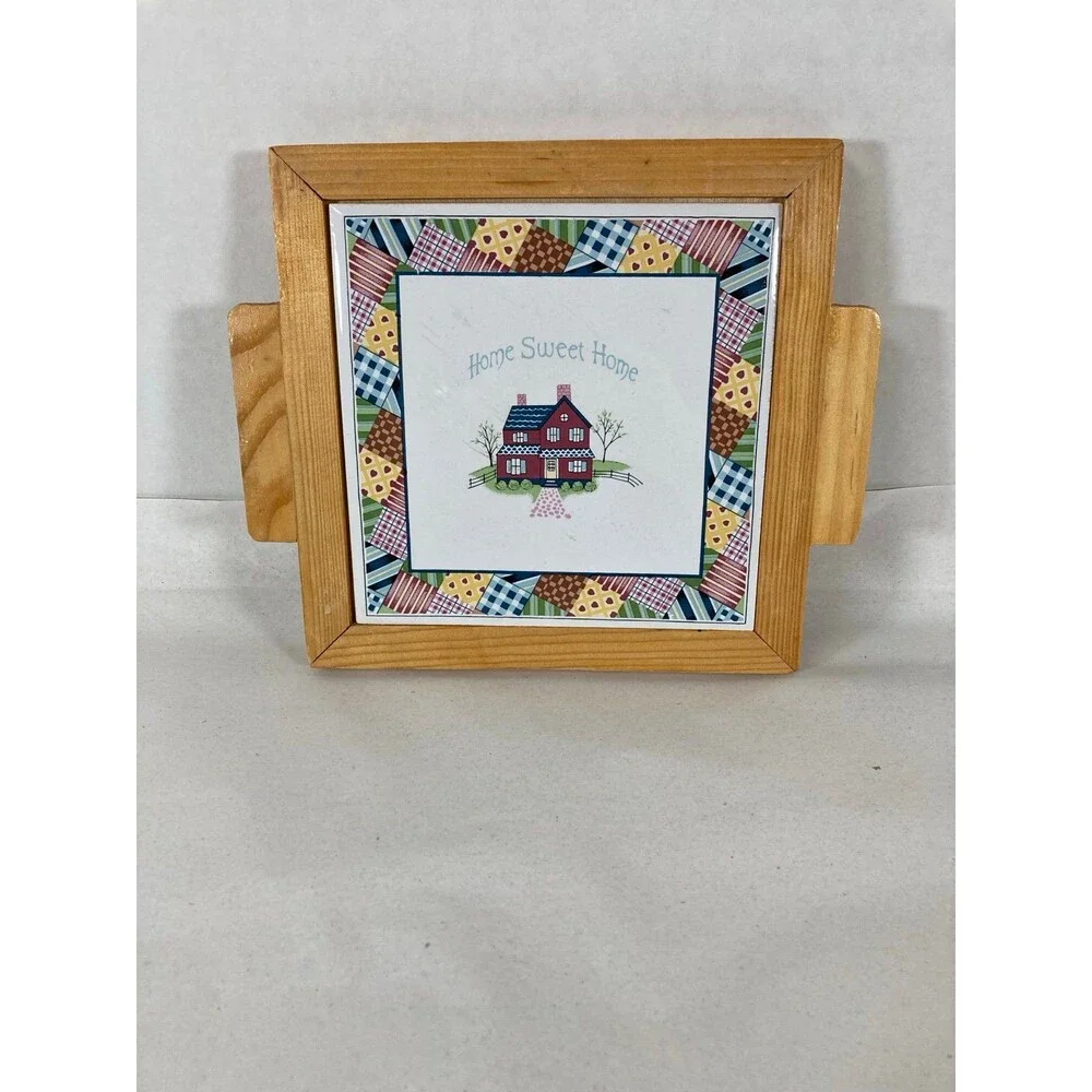 Vtg Home Sweet Home Tile Trivet Wood Casing Patch Work Quilt Design Cottagecore